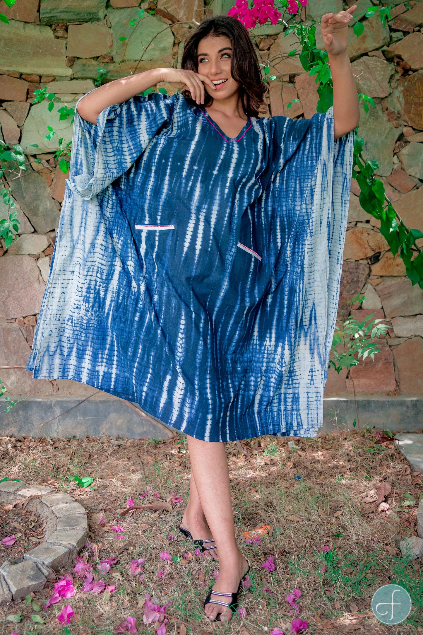 BLUE SHIBORI BLOCK PRINT KAFTAN DRESS-NVK214