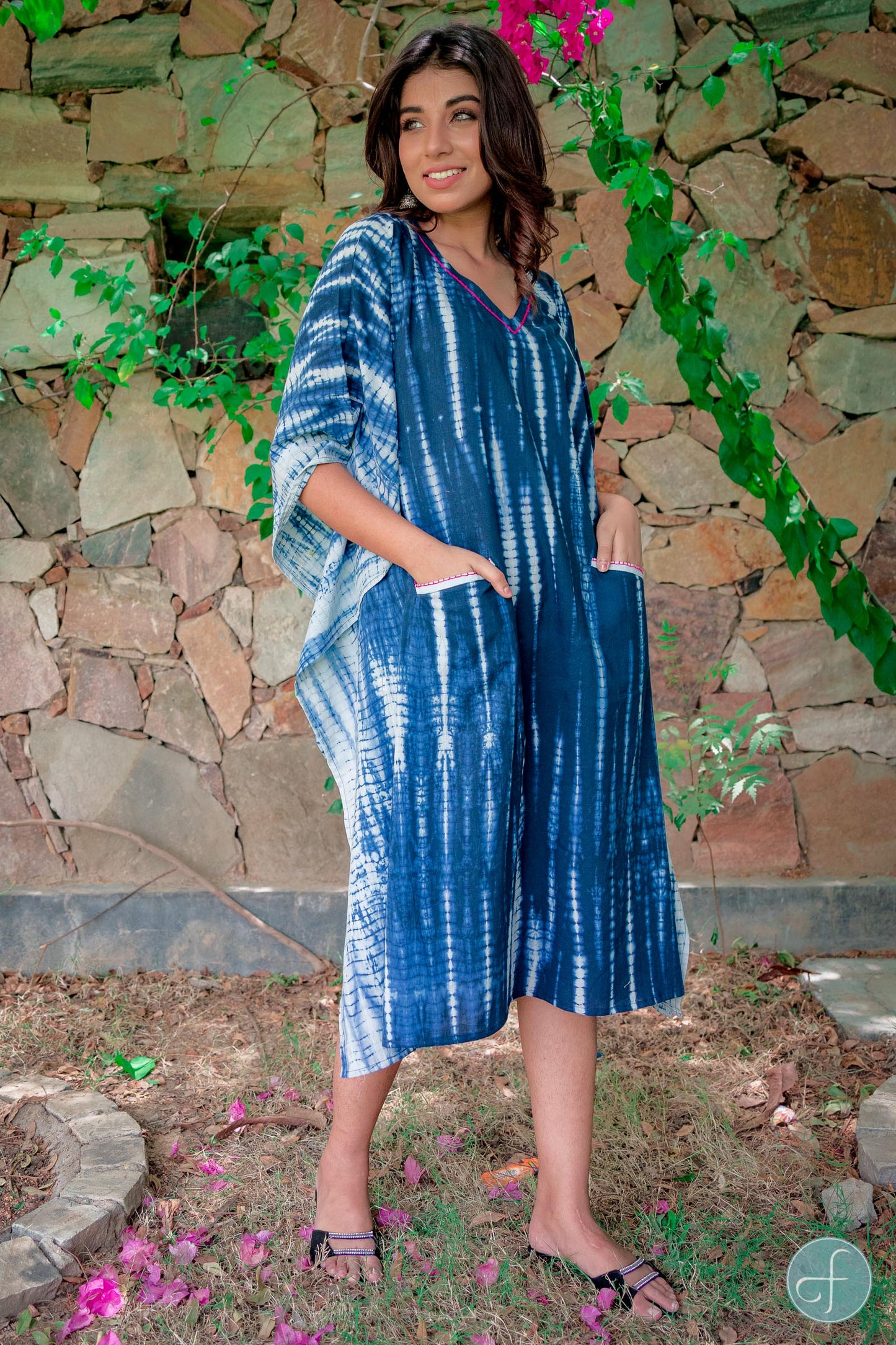 BLUE SHIBORI BLOCK PRINT KAFTAN DRESS-NVK214