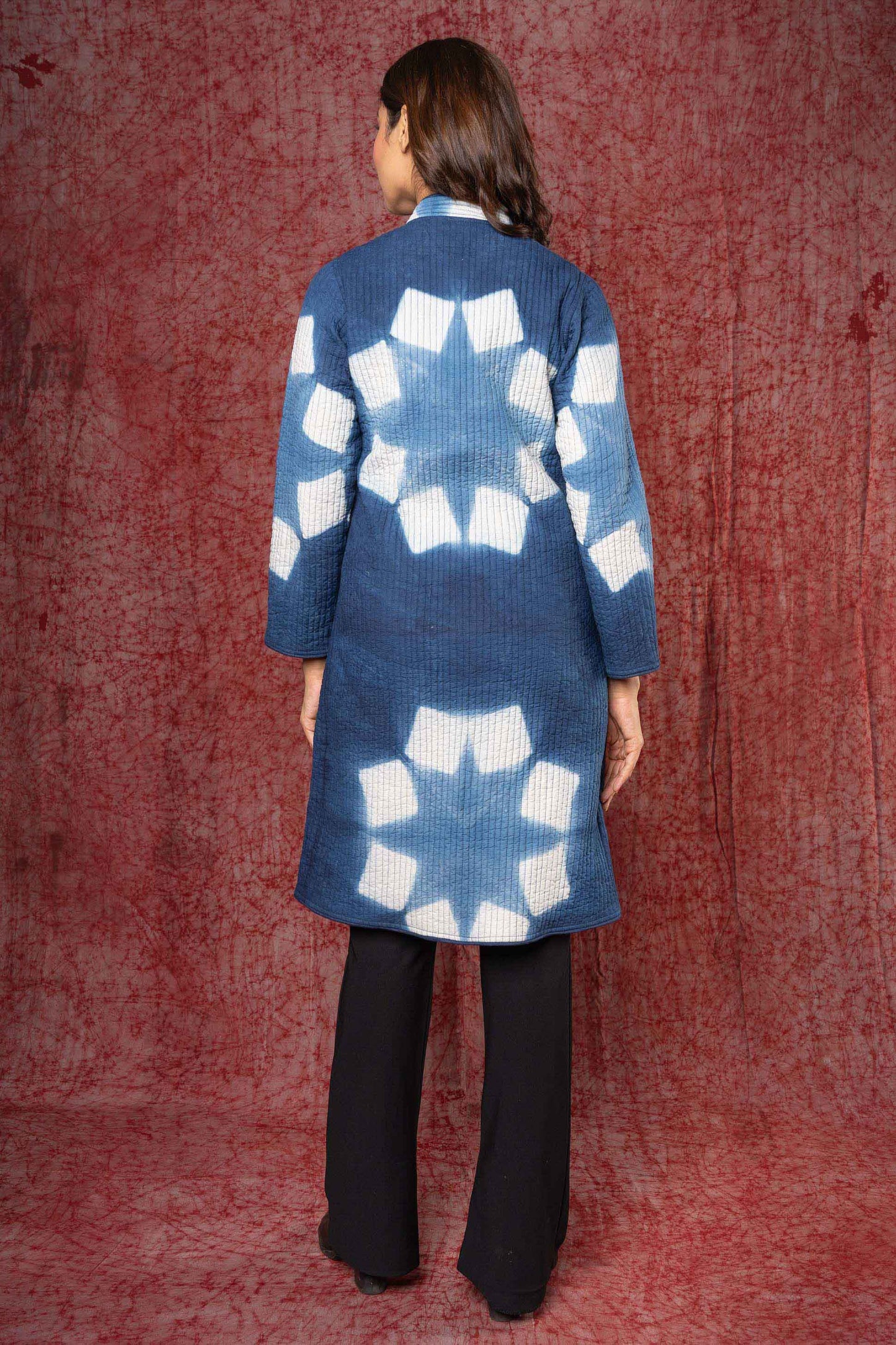 Blue Clamp Dye Quilted Reversible Coat-NVQJ425