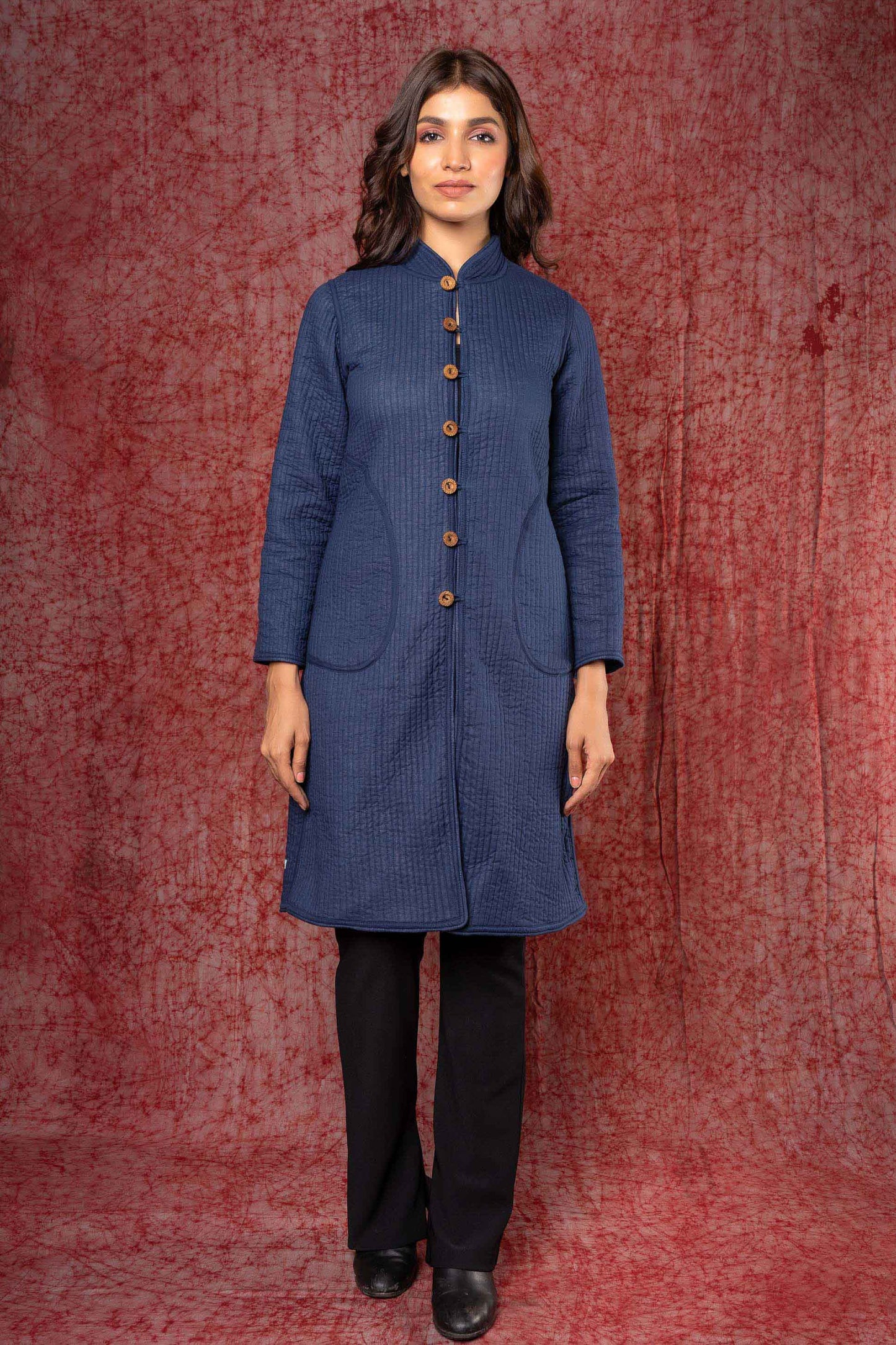 Blue Clamp Dye Quilted Reversible Coat-NVQJ425