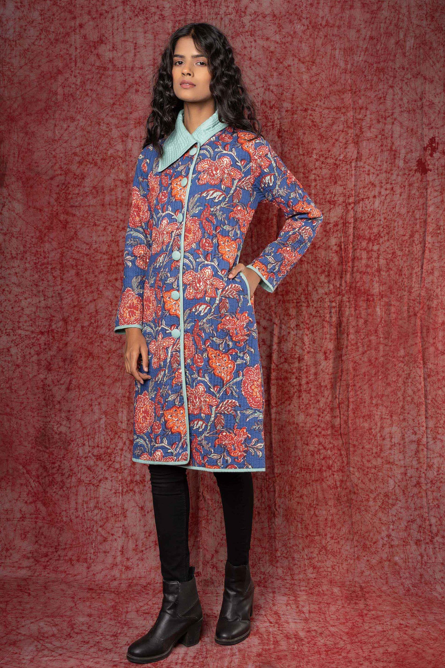 Blue Block Printed Quilted Bukhara Coat-NVQJ393