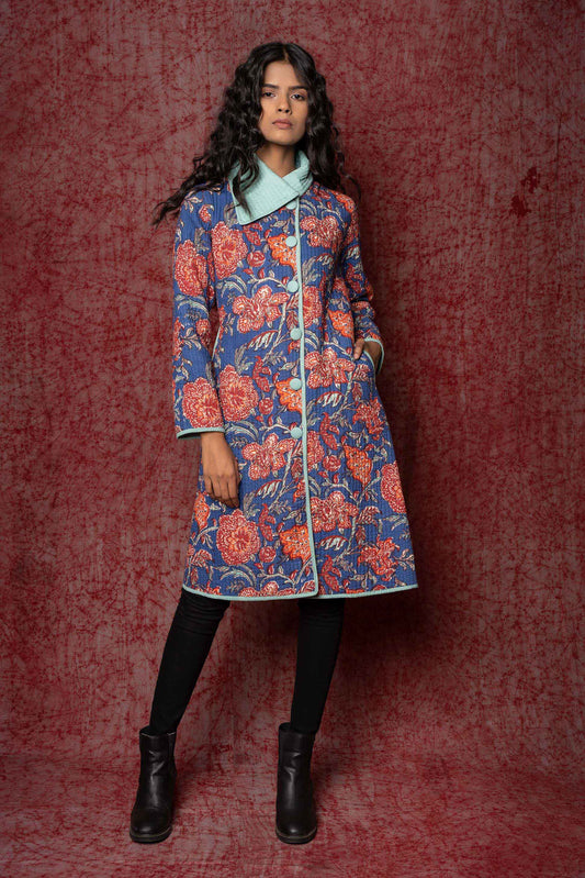 Blue Block Printed Quilted Bukhara Coat-NVQJ393