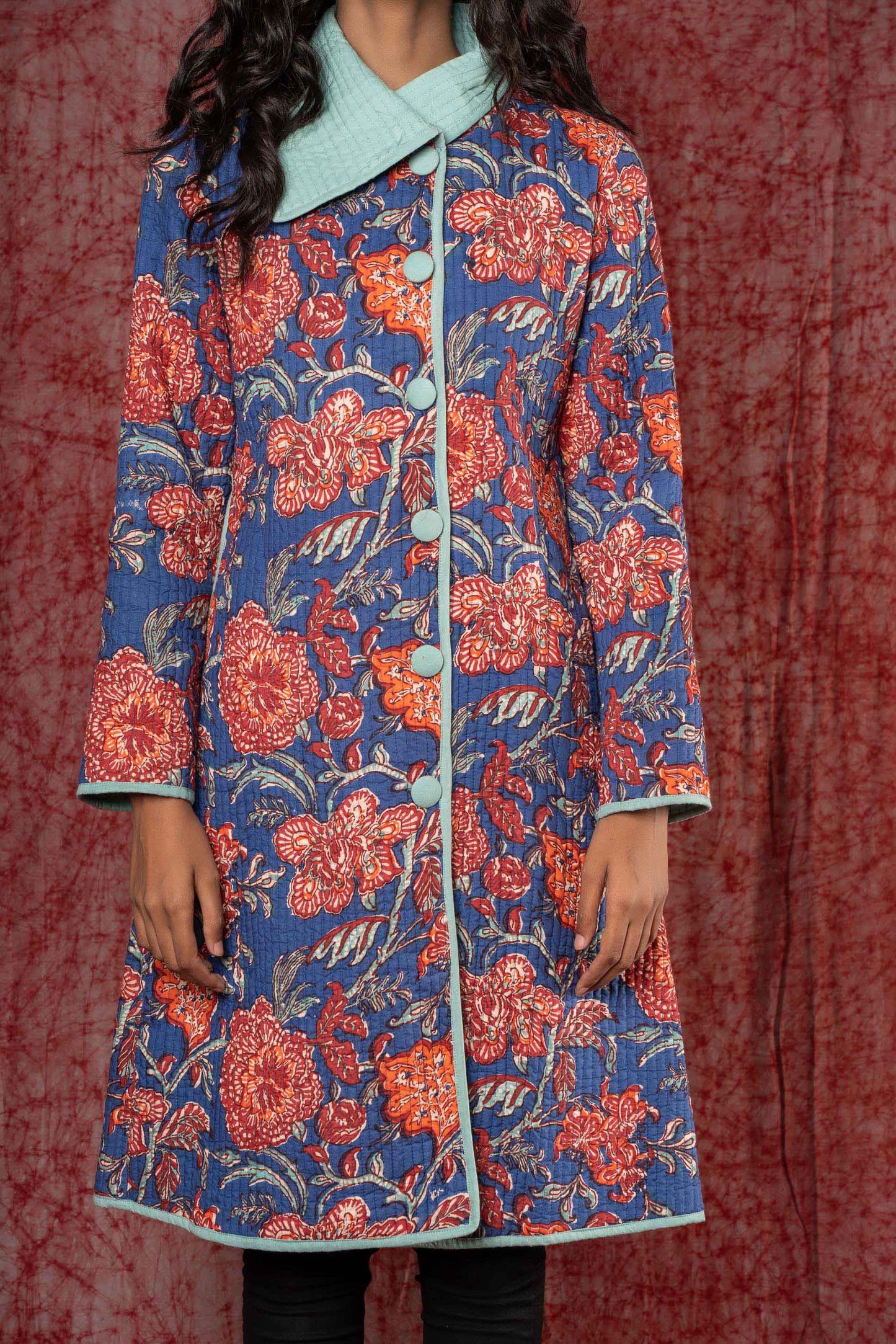 Blue Block Printed Quilted Bukhara Coat-NVQJ393