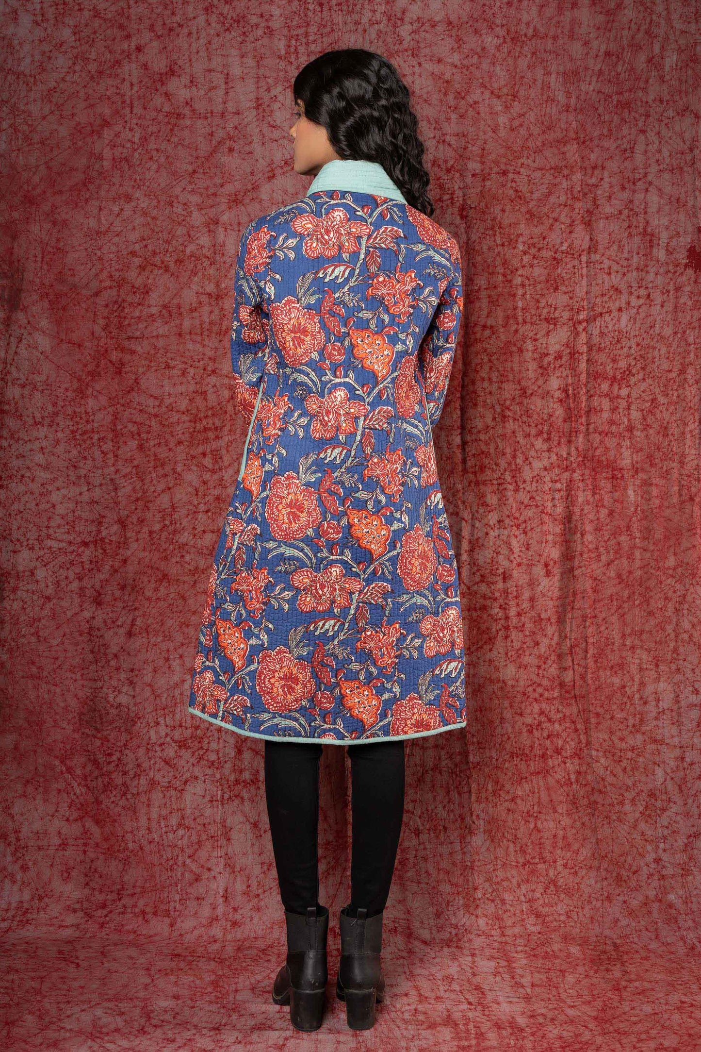 Blue Block Printed Quilted Bukhara Coat-NVQJ393