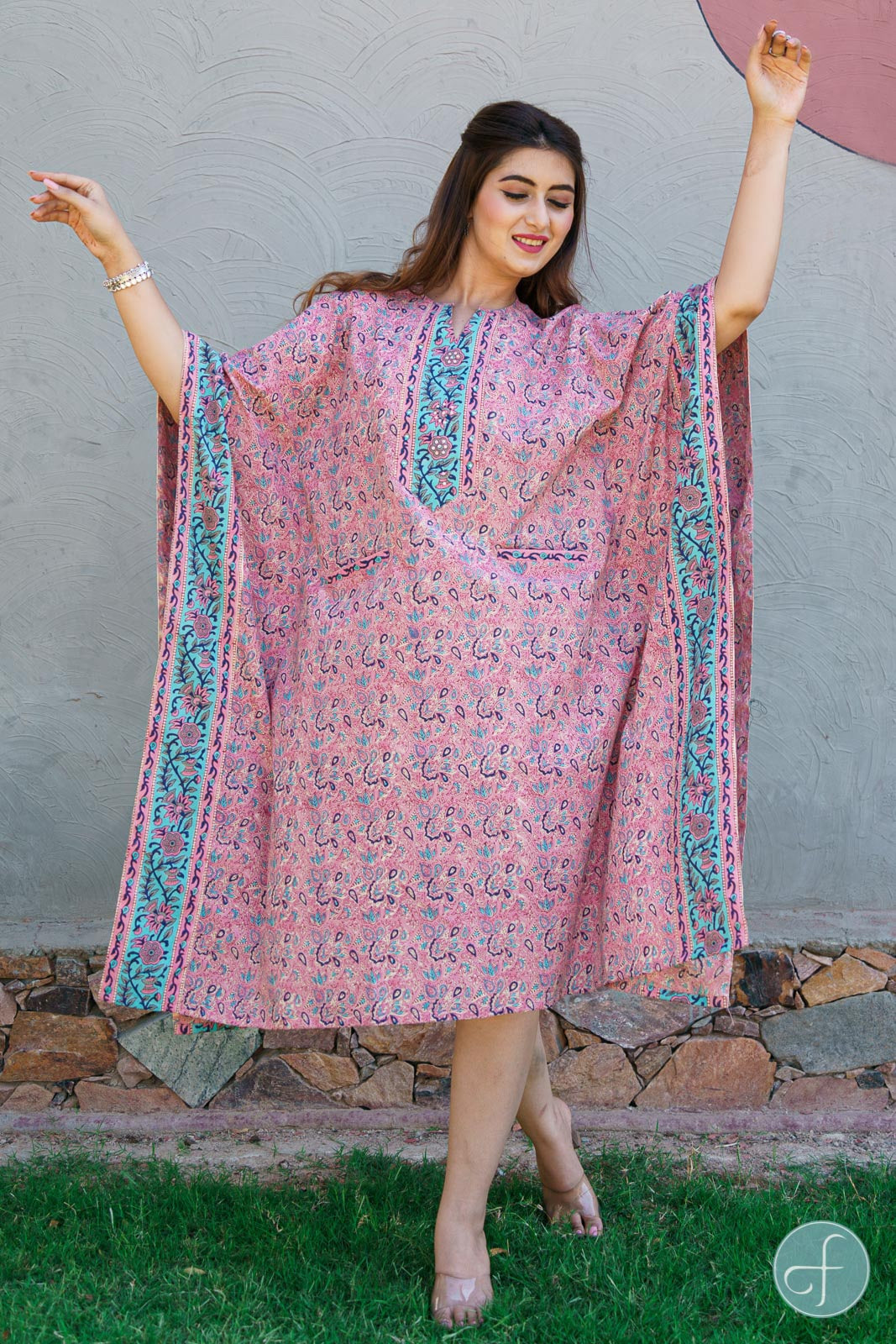 PINK AND BLUE FLORAL BLOCK PRINT KAFTAN DRESS-NVK204