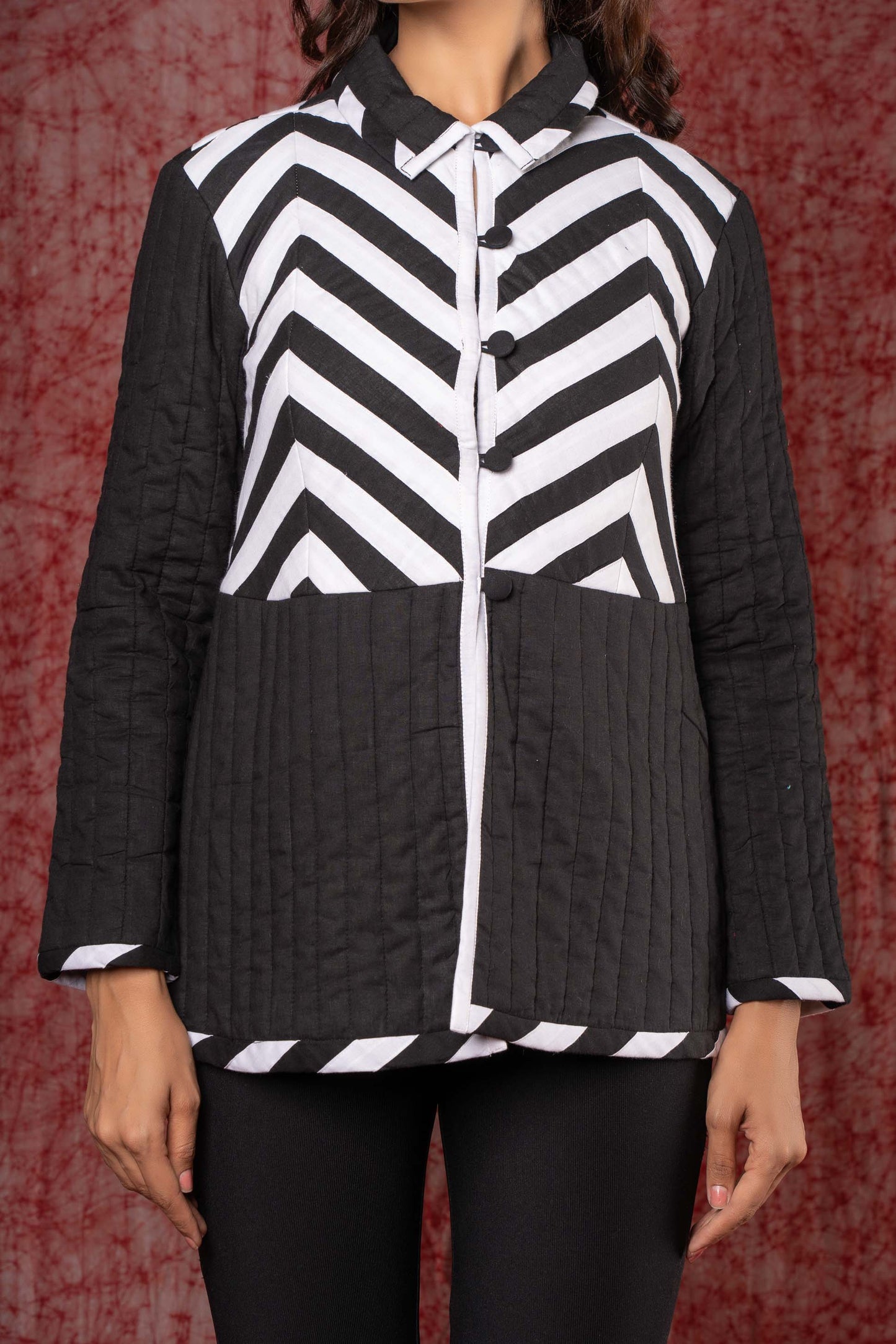 Black and White Quilted Applique Jacket- NVQJ364