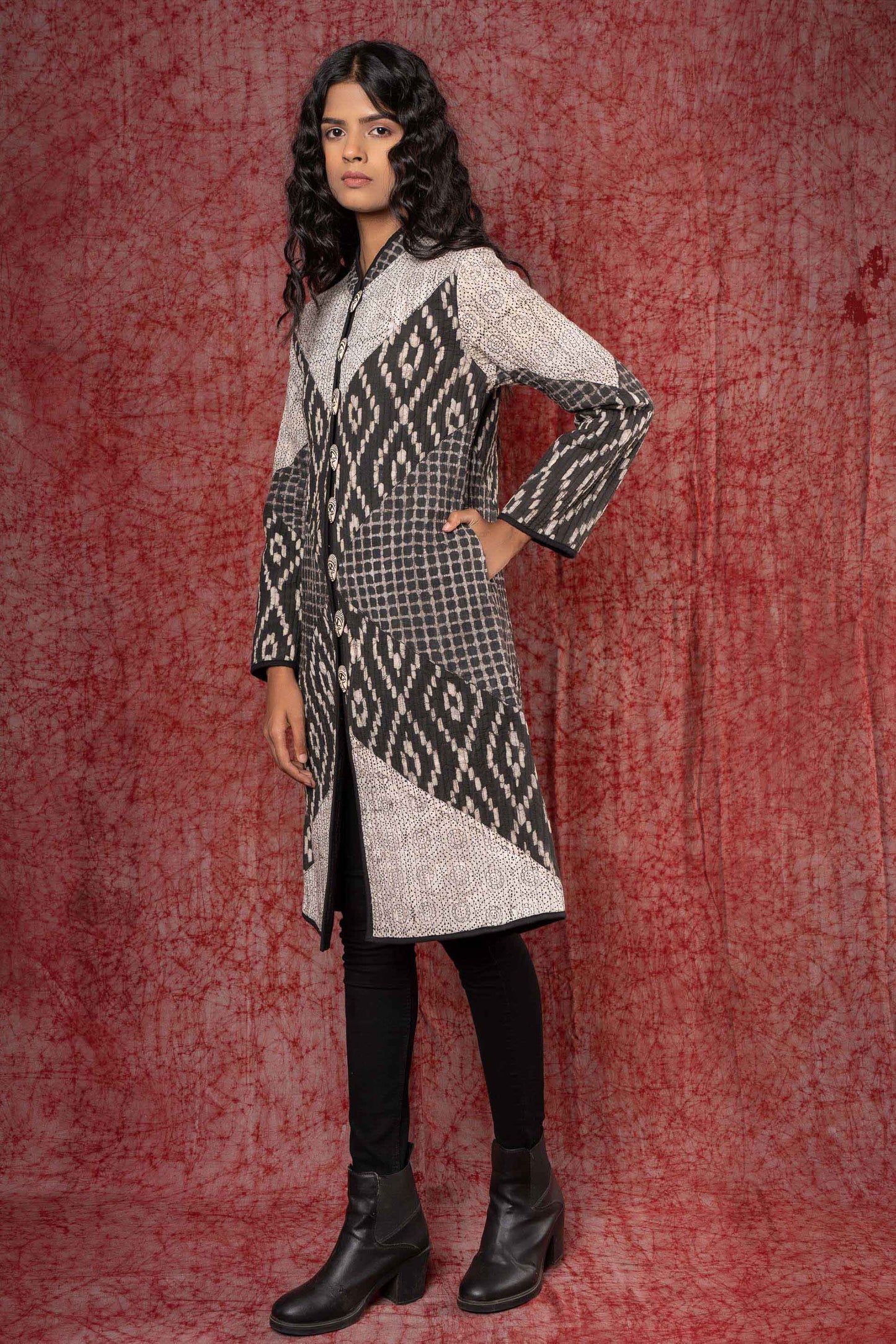 Kashish Grey Patch Work Reversible Quilted Coat-NVQJ434