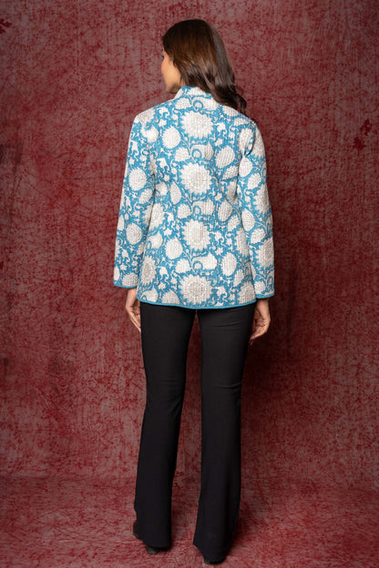 Blue Reversible Block Printed Quilted Jacket- NVQJ363