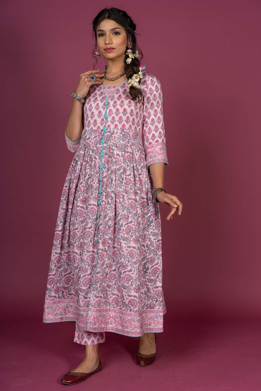 Rose Bloom Block Printed Kurta Set-KS373