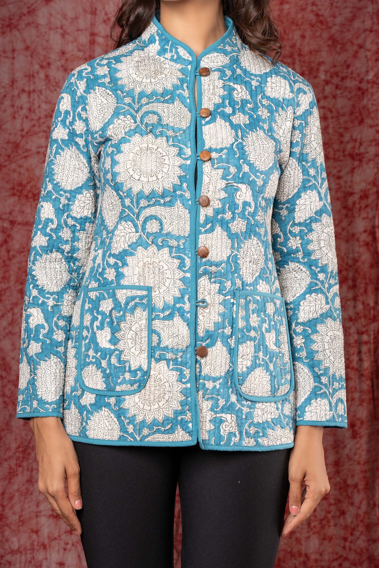 Blue Reversible Block Printed Quilted Jacket- NVQJ363