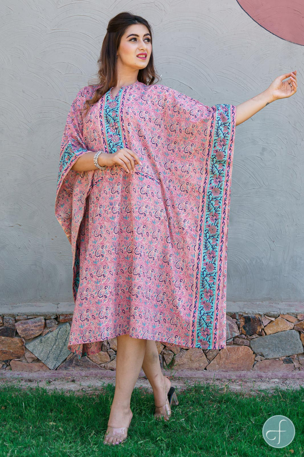 PINK AND BLUE FLORAL BLOCK PRINT KAFTAN DRESS-NVK204