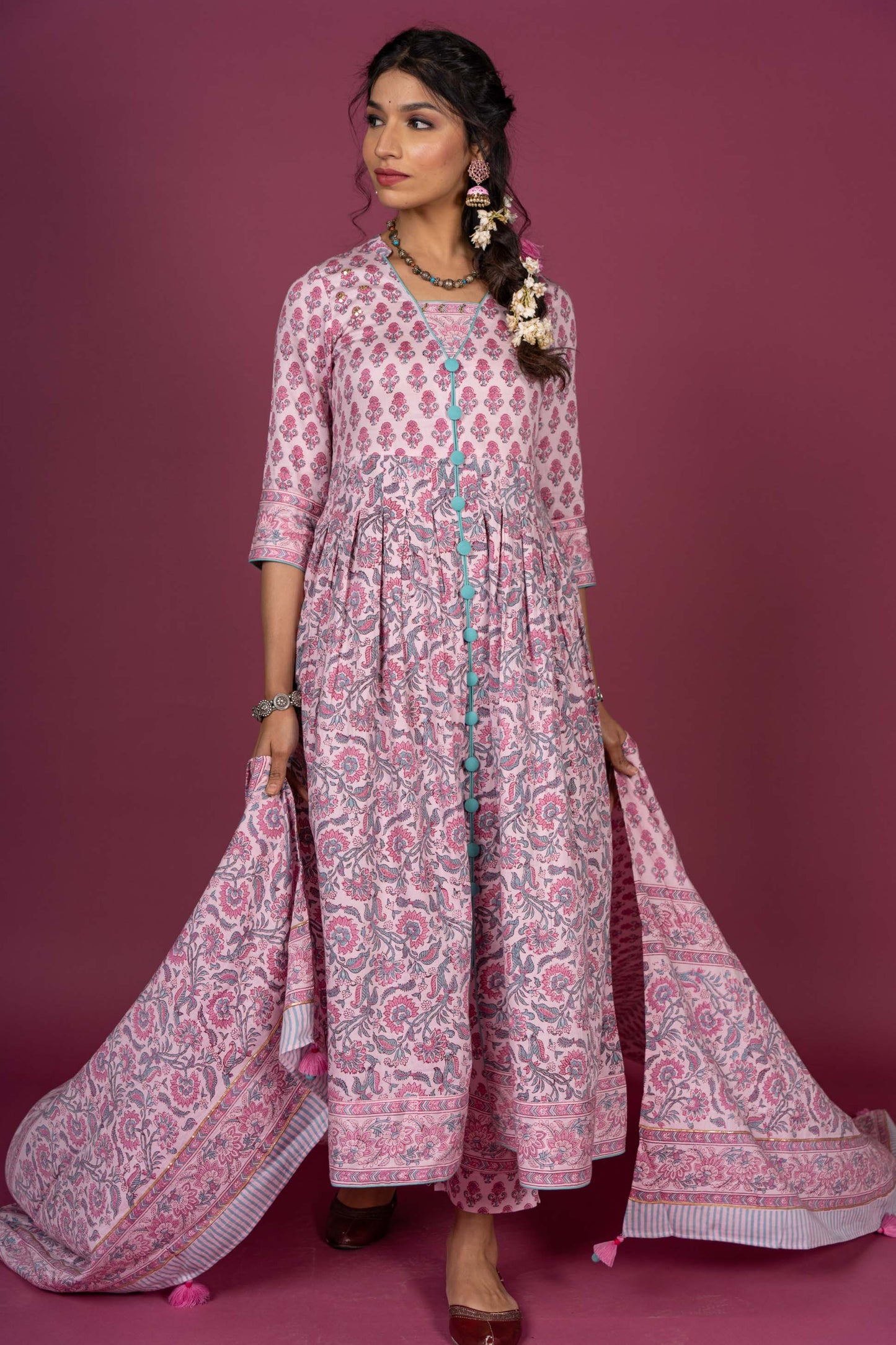 Quartz Pink Block Printed Kurta Dupatta Set-KS376