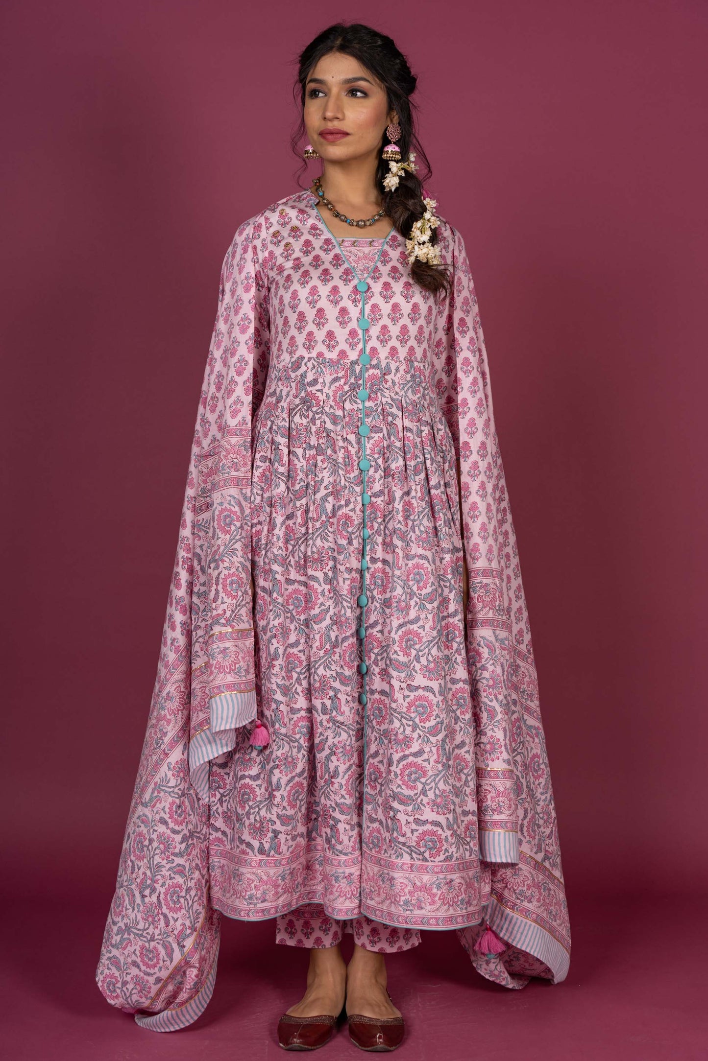 Quartz Pink Block Printed Kurta Dupatta Set-KS376