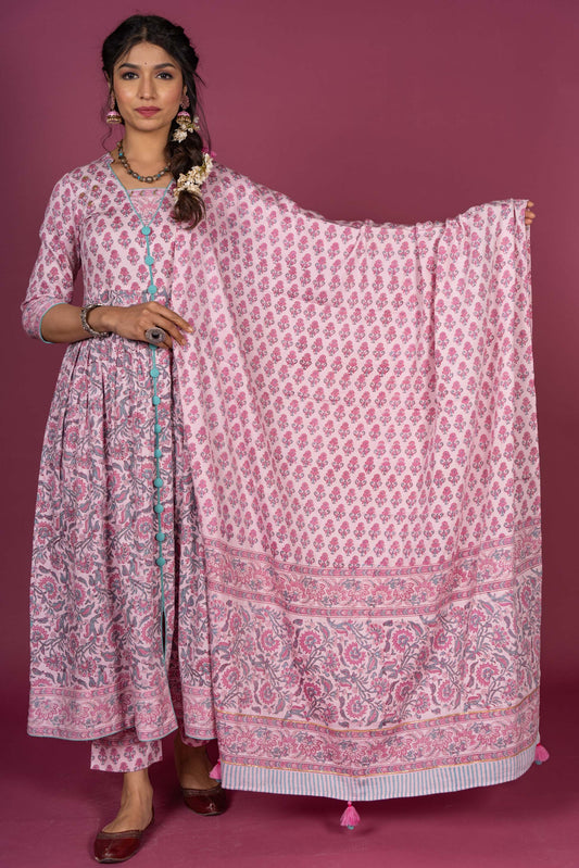 Quartz Pink Block Printed Kurta Dupatta Set-KS376