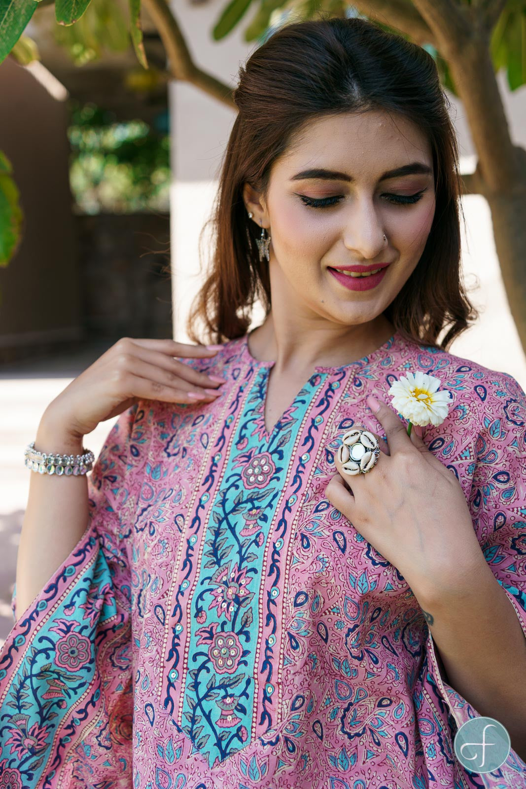 PINK AND BLUE FLORAL BLOCK PRINT KAFTAN DRESS-NVK204