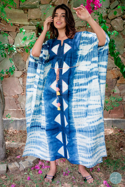 BLUE AND WHITE SHIBORI COTTON KAFTAN DRESS-NVK226