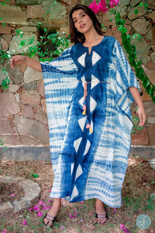 BLUE AND WHITE SHIBORI COTTON KAFTAN DRESS-NVK226