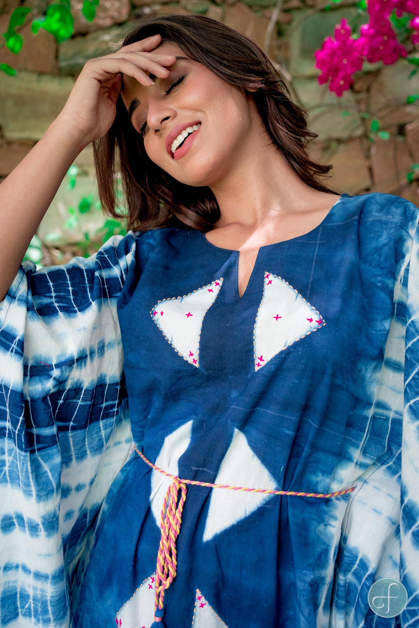 BLUE AND WHITE SHIBORI COTTON KAFTAN DRESS-NVK226