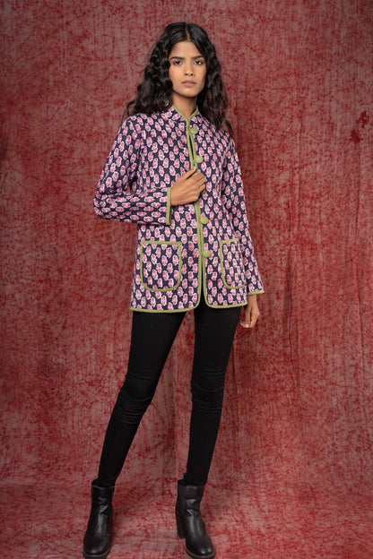 Bean Blue Block Printed Quilted  Reversible Jacket- NVQJ368