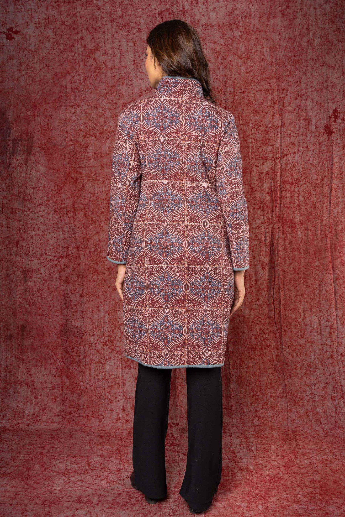 Ajrakh Block Printed Quilted Long Coat-NVQJ411 SALE