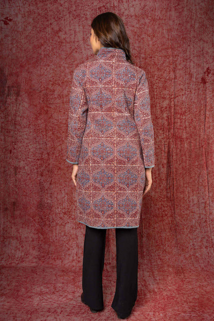 Ajrakh Block Printed Quilted Long Coat-NVQJ411 SALE