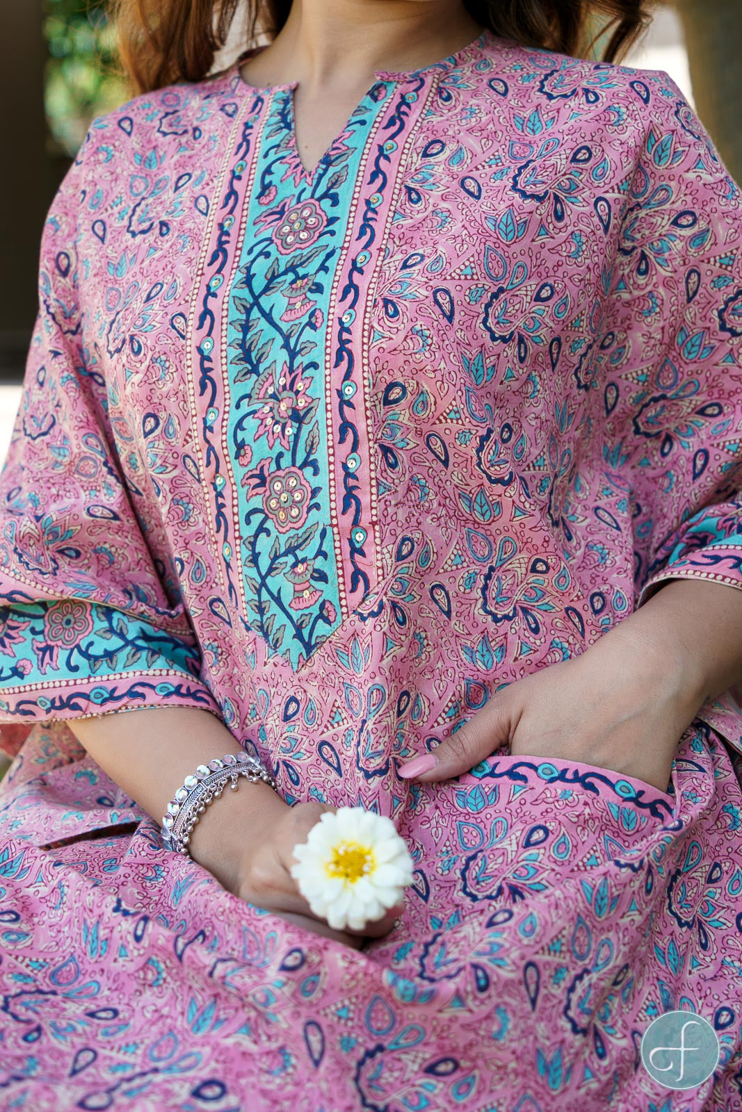 PINK AND BLUE FLORAL BLOCK PRINT KAFTAN DRESS-NVK204