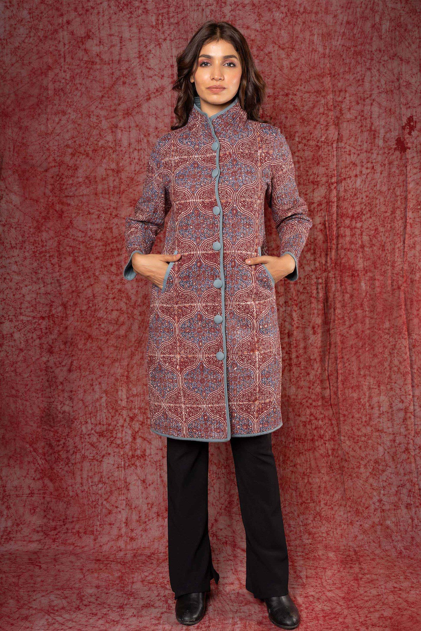 Ajrakh Block Printed Quilted Long Coat-NVQJ411 SALE