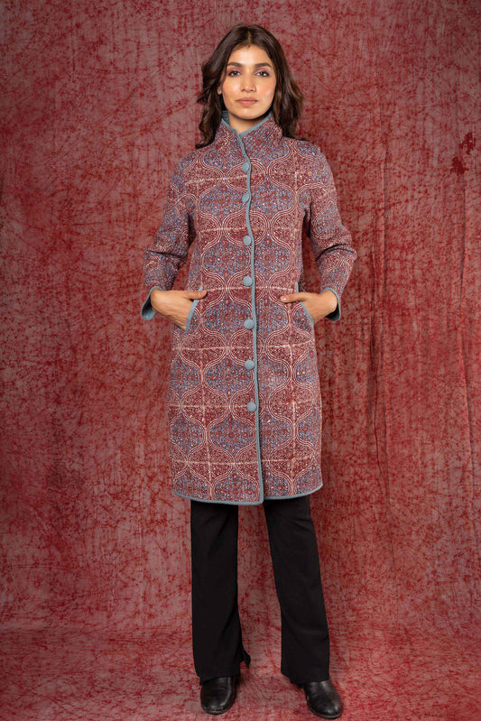 Ajrakh Block Printed Quilted Long Coat-NVQJ411 SALE