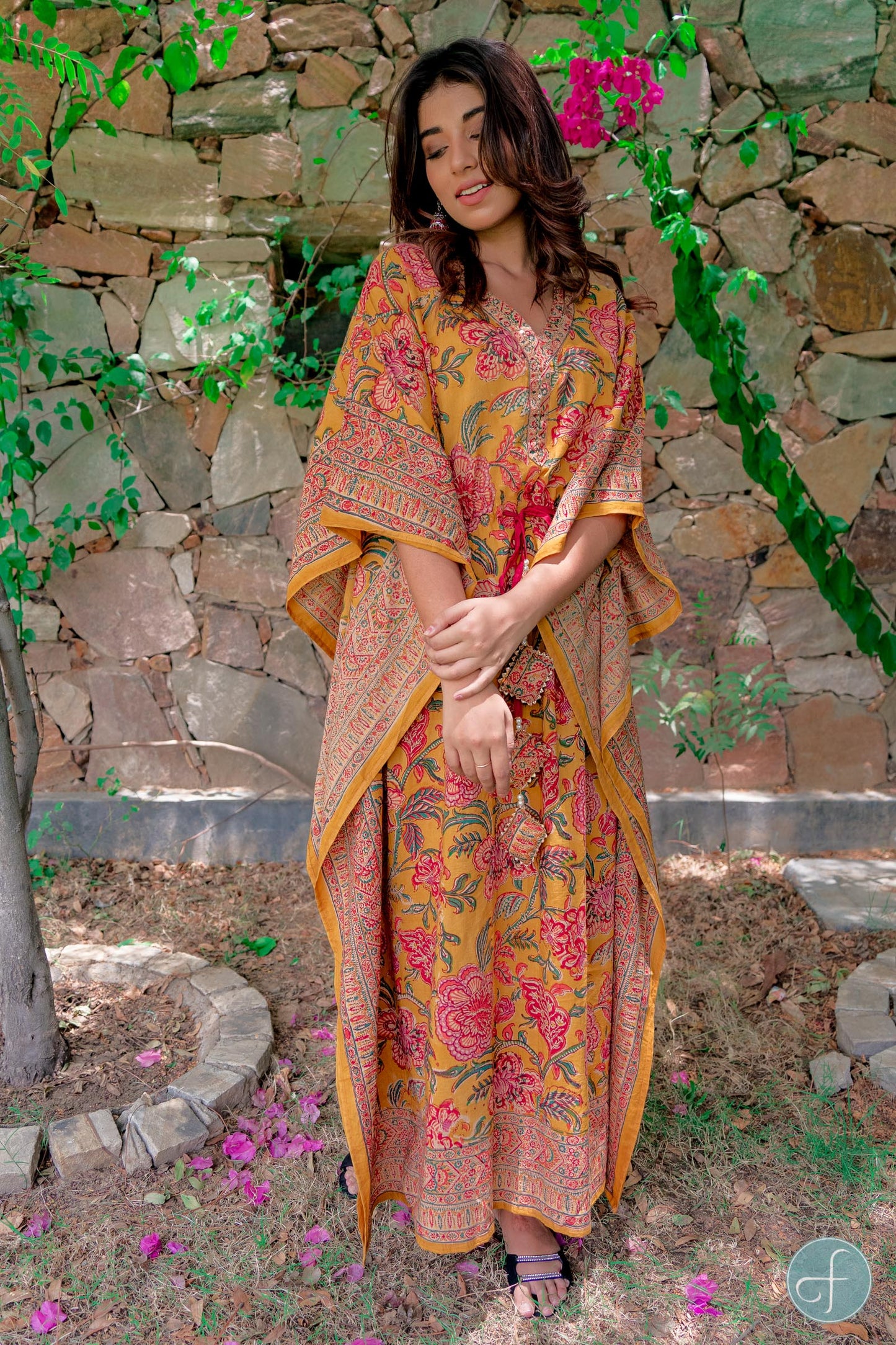 GOLDEN MUSTARD BLOCK PRINT COTTON KAFTAN DRESS-NVK227