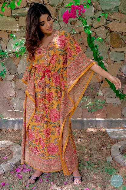 GOLDEN MUSTARD BLOCK PRINT COTTON KAFTAN DRESS-NVK227