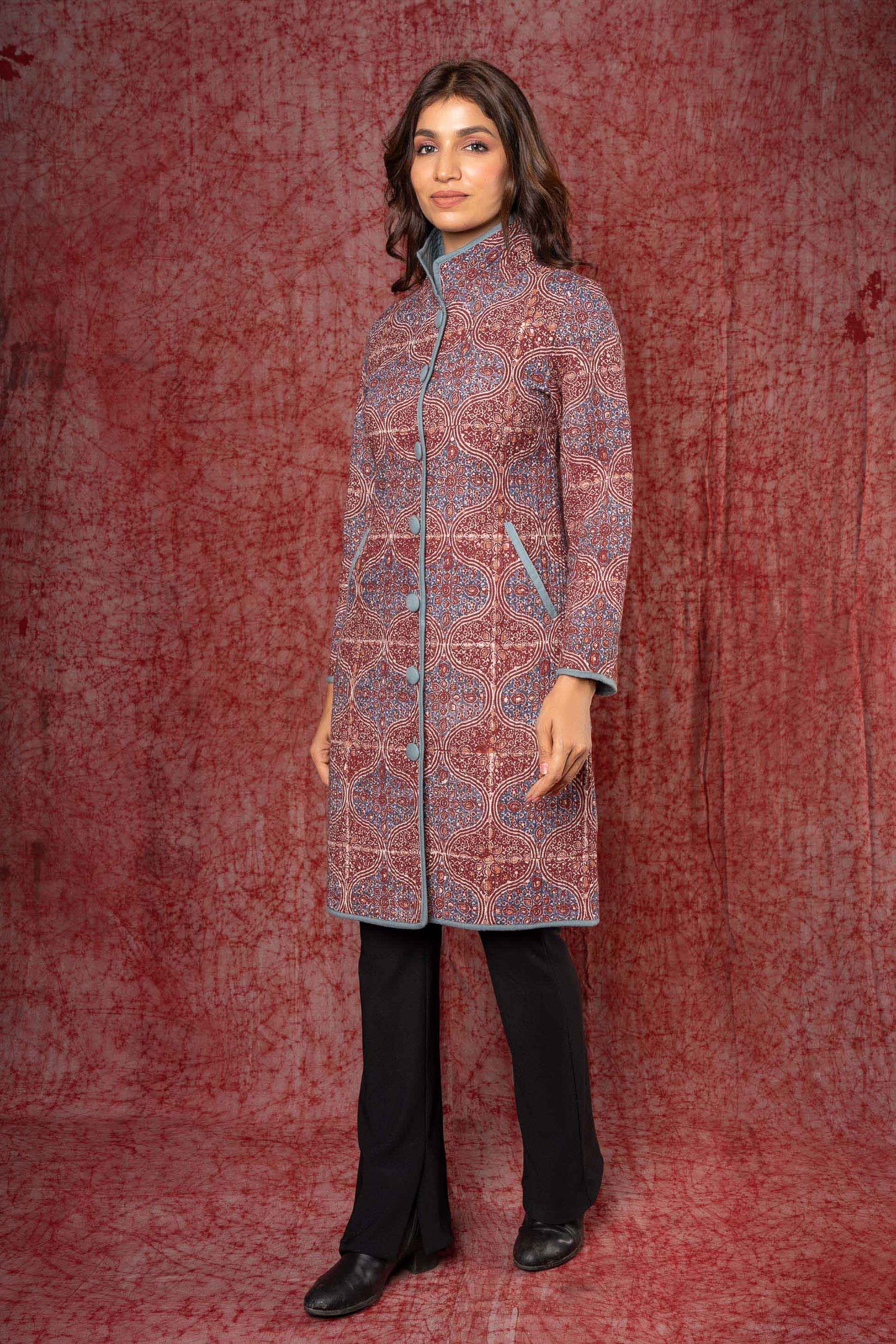 Ajrakh Block Printed Quilted Long Coat-NVQJ411 SALE