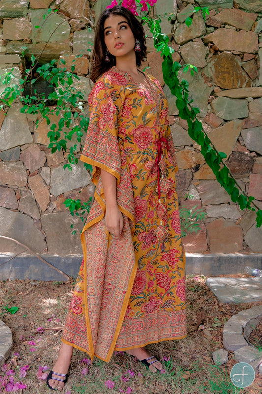 GOLDEN MUSTARD BLOCK PRINT COTTON KAFTAN DRESS-NVK227