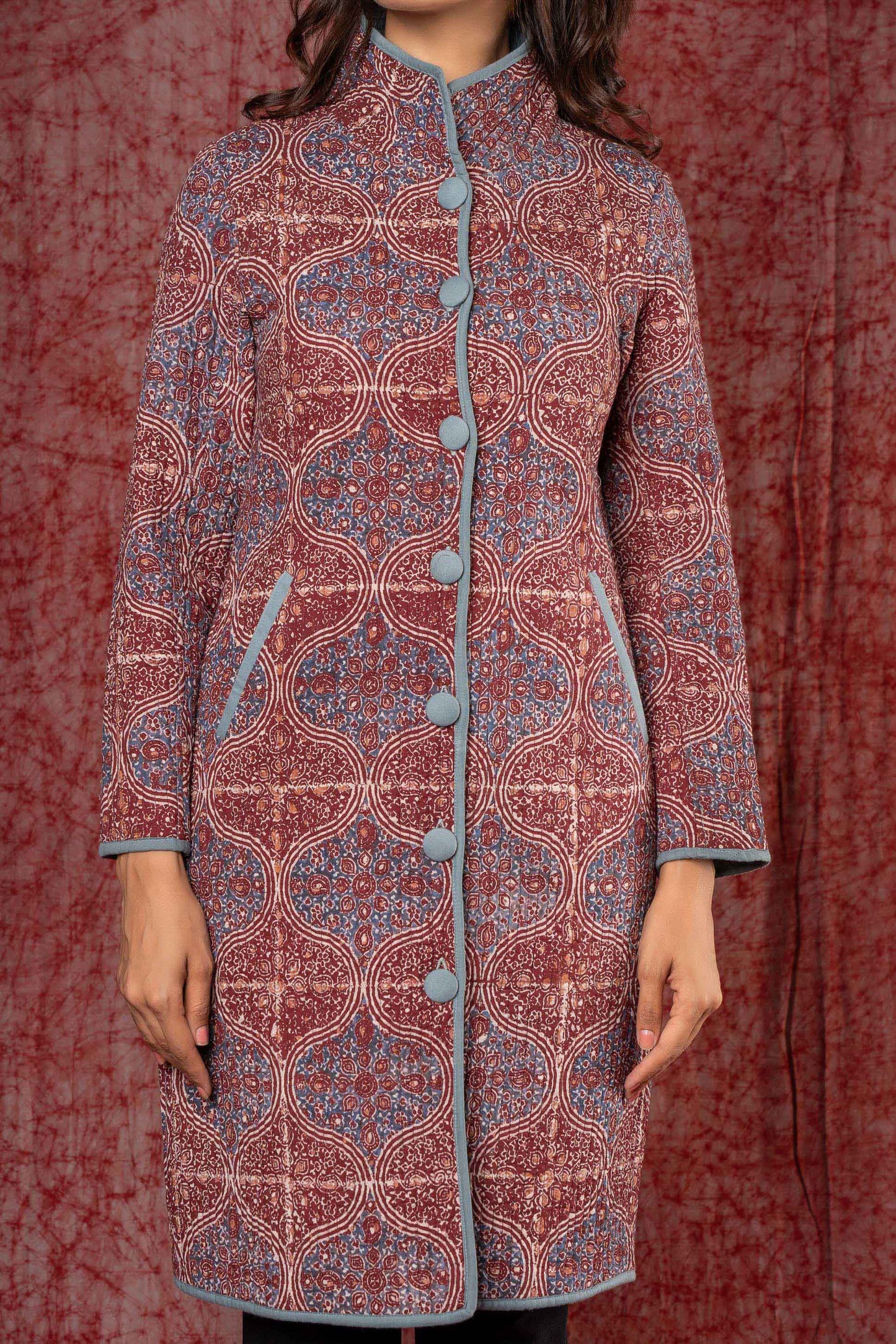 Ajrakh Block Printed Quilted Long Coat-NVQJ411 SALE