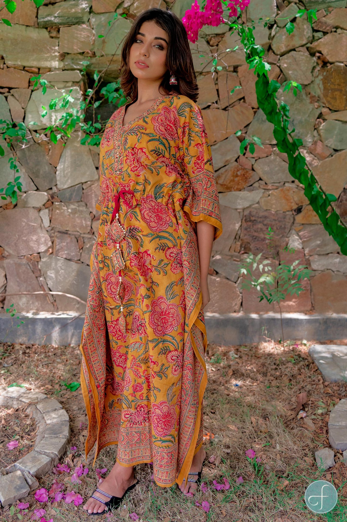 GOLDEN MUSTARD BLOCK PRINT COTTON KAFTAN DRESS-NVK227