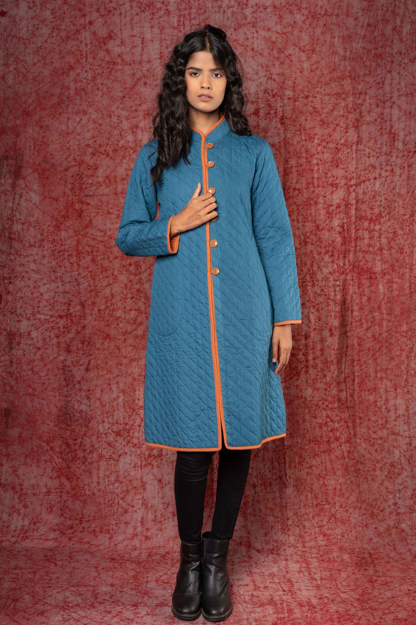 Blue Cotton Quilted Reversible Bukhara Coat-NVQJ384