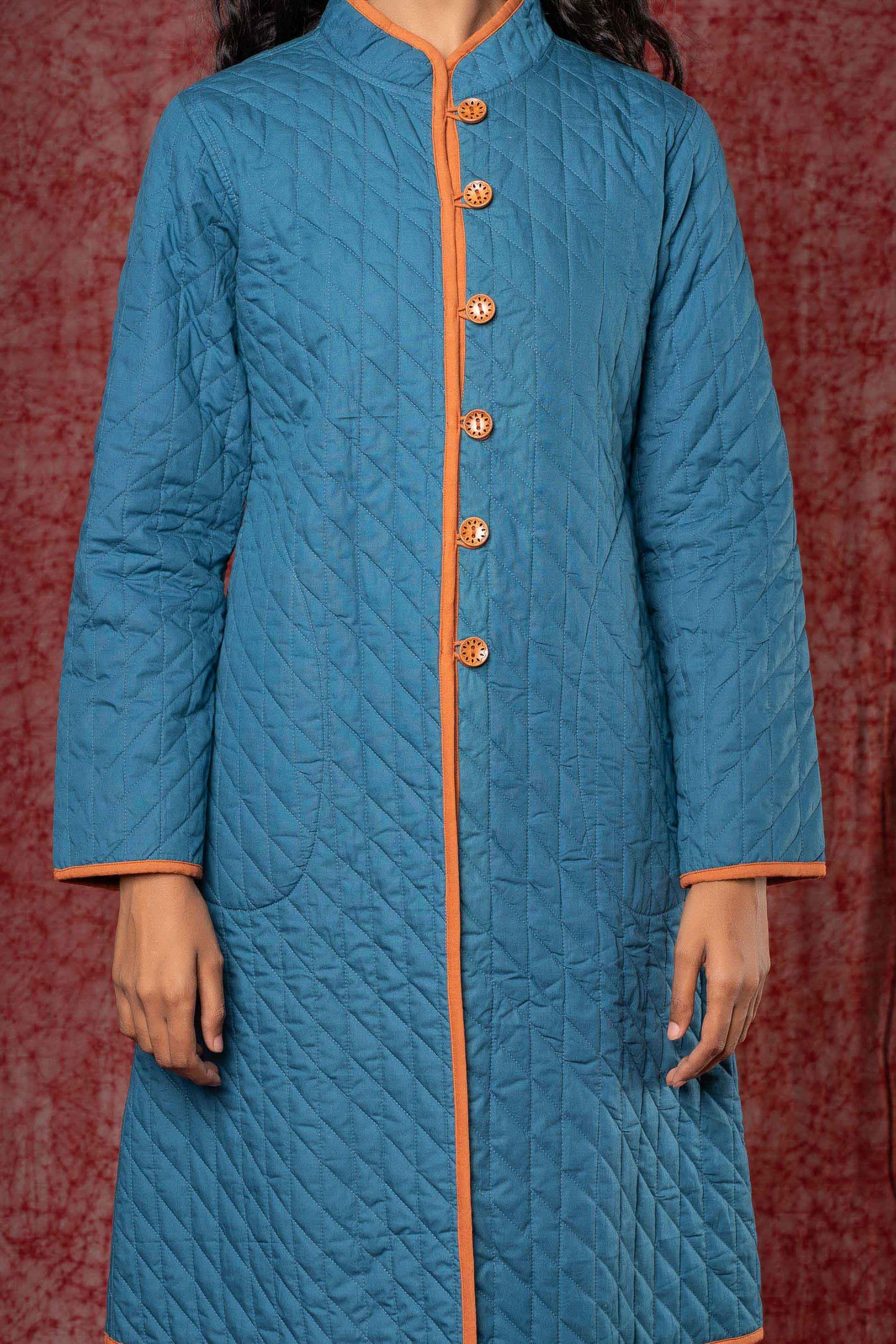 Blue Cotton Quilted Reversible Bukhara Coat-NVQJ384