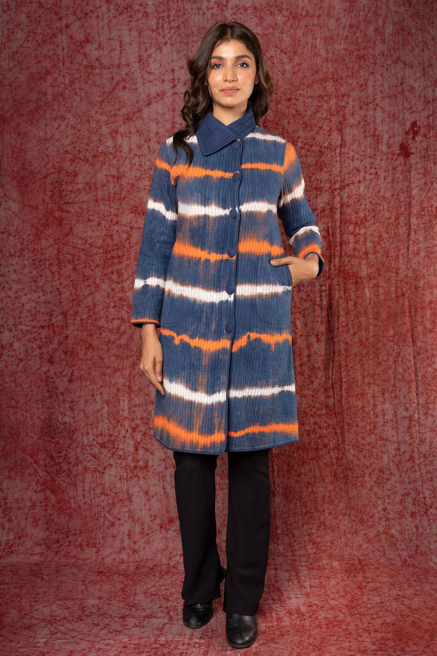 Blue Clamp Dye Quilted Bukhara Coat-NVQJ422