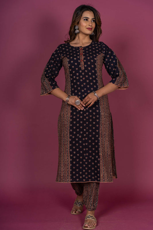 Black Ajrakh Block Printed Kurta Set-KS337