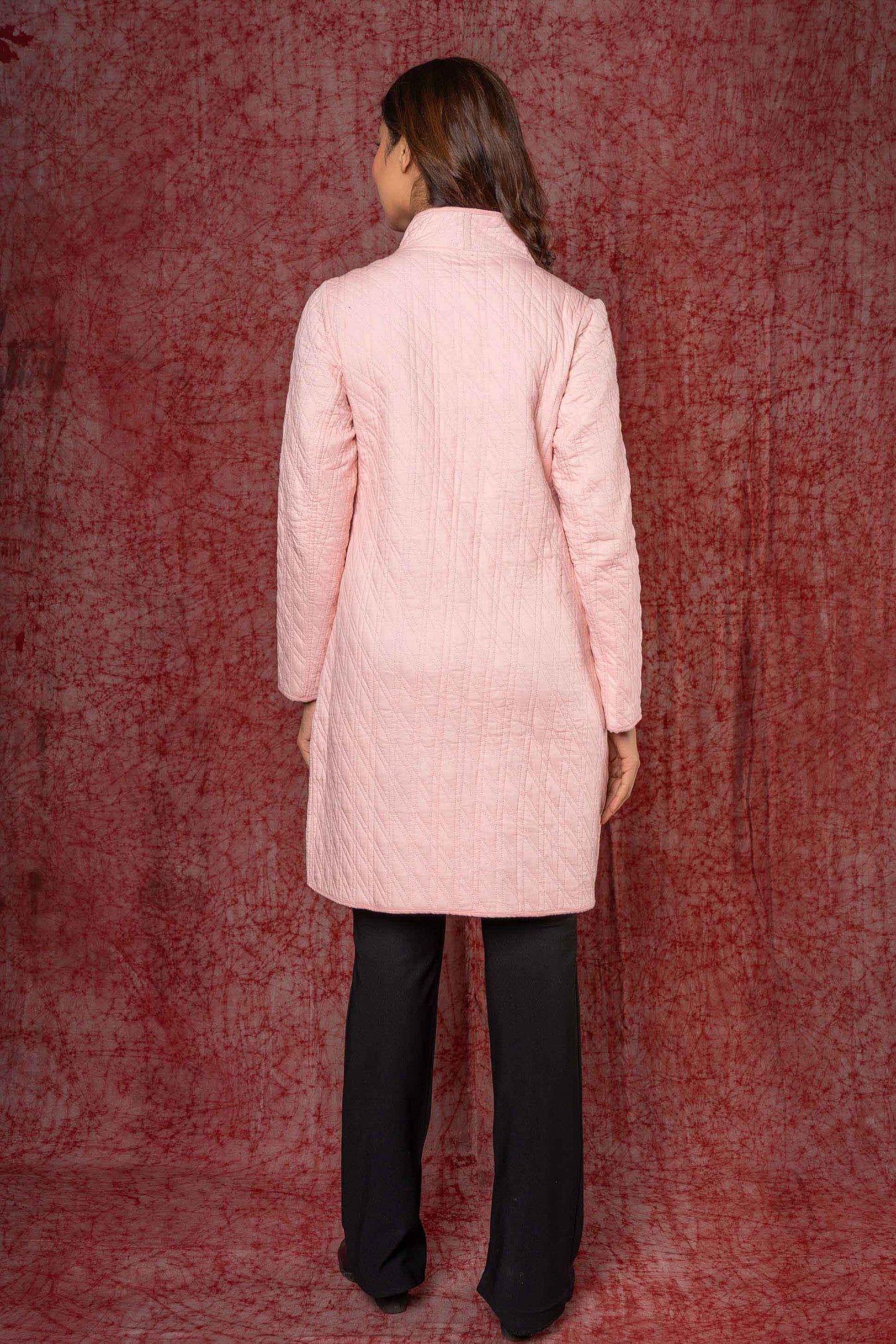 Pink Plain Quilted Winter Coat-NVQJ424