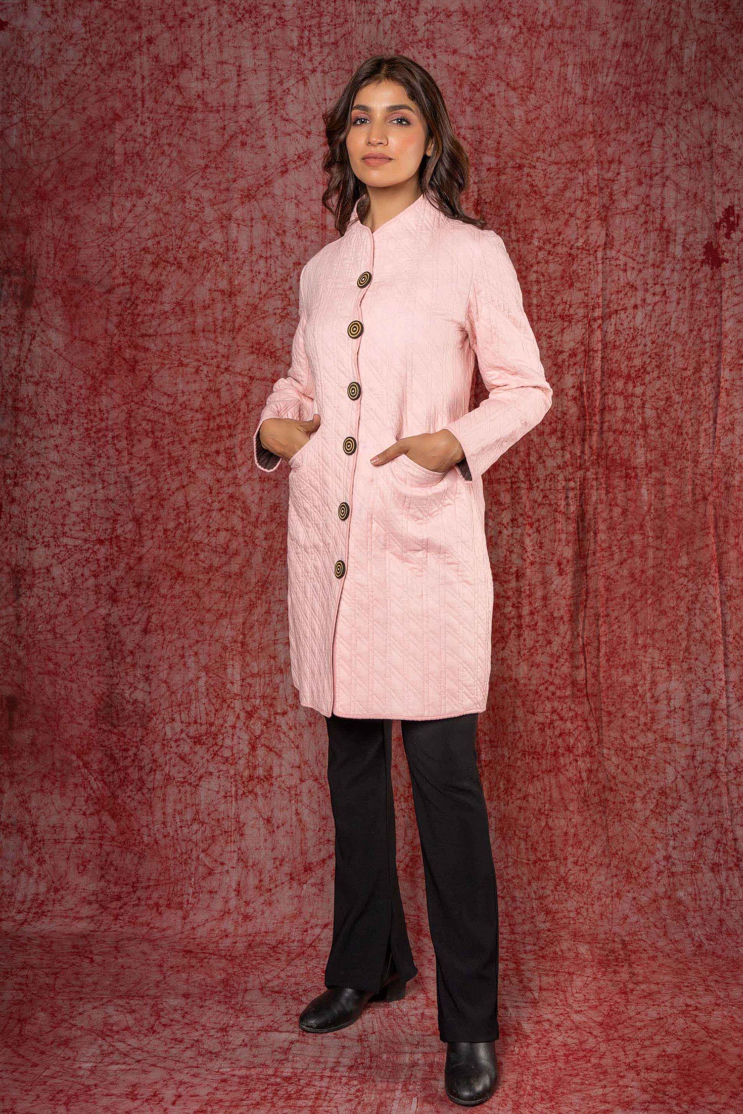 Pink Plain Quilted Winter Coat-NVQJ424