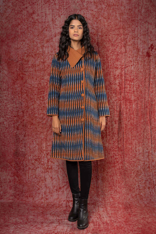 Blue Brown Ikat Quilted Bukhara Coat-NVQJ413