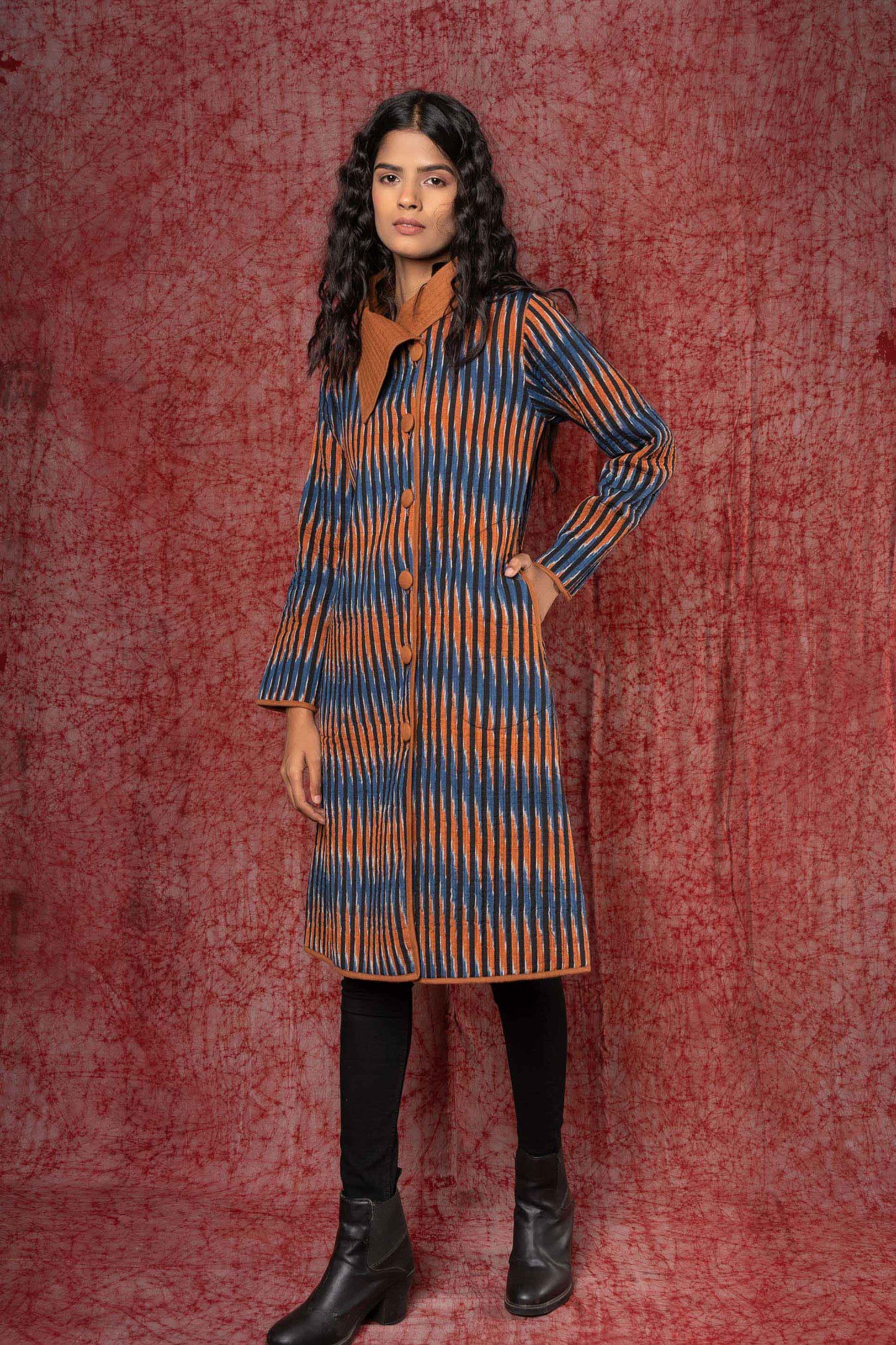 Blue Brown Ikat Quilted Bukhara Coat-NVQJ413