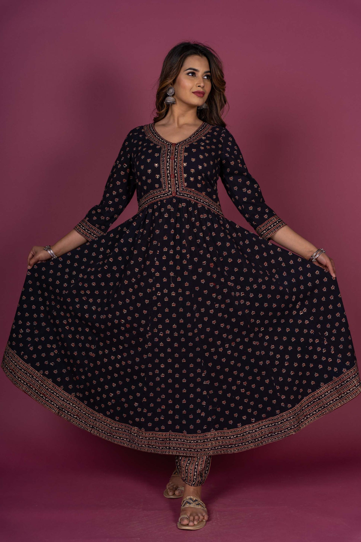 Black Ajrakh Block Printed Anarkali Kurta Set-KS346