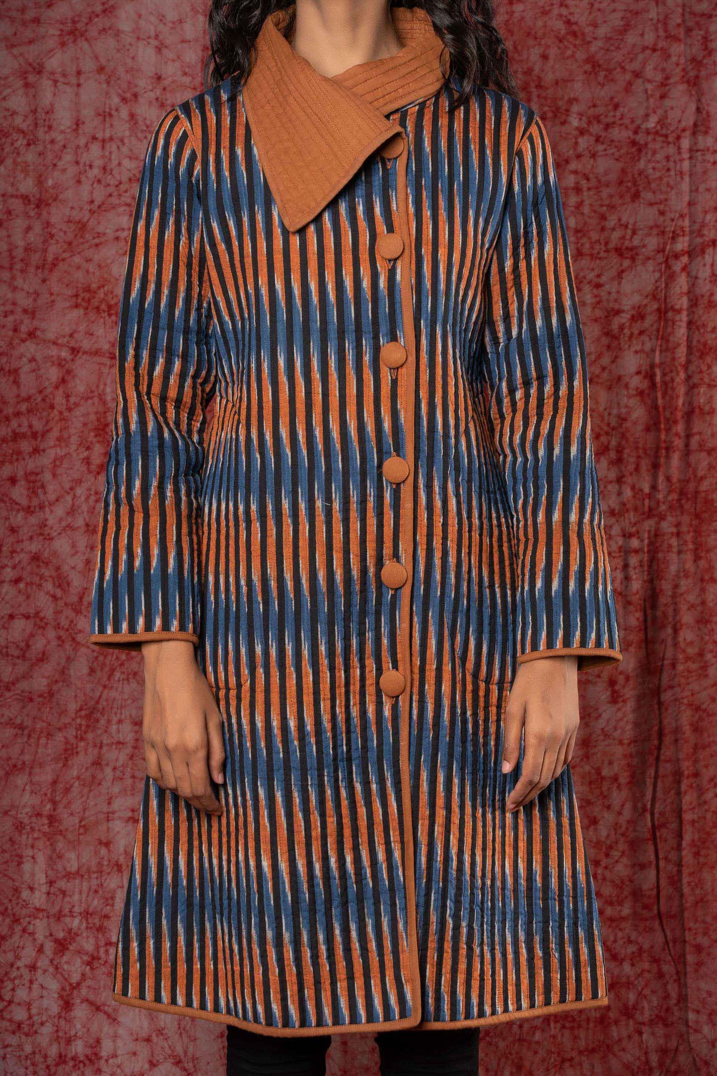 Blue Brown Ikat Quilted Bukhara Coat-NVQJ413