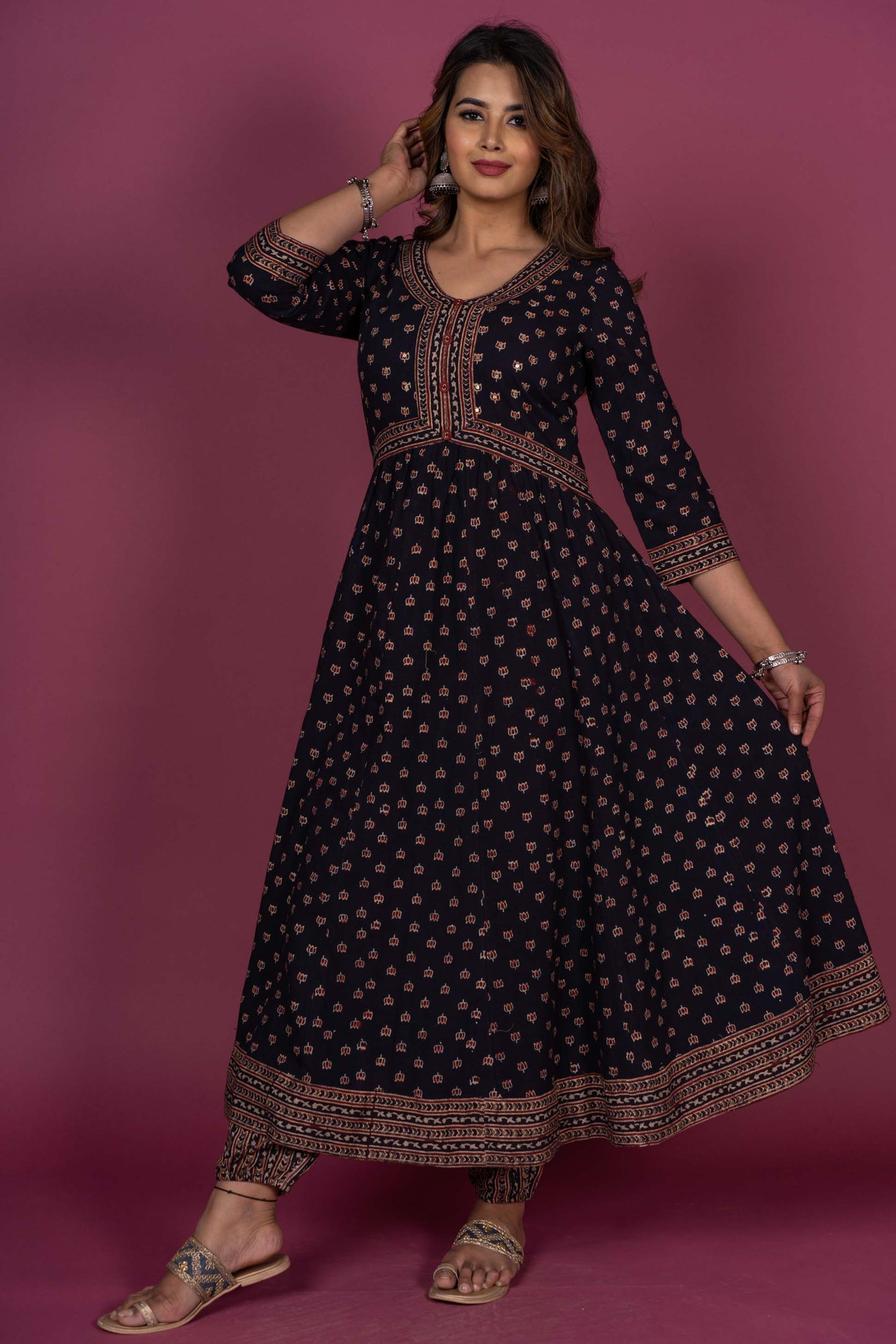 Black Ajrakh Block Printed Anarkali Kurta Set-KS346