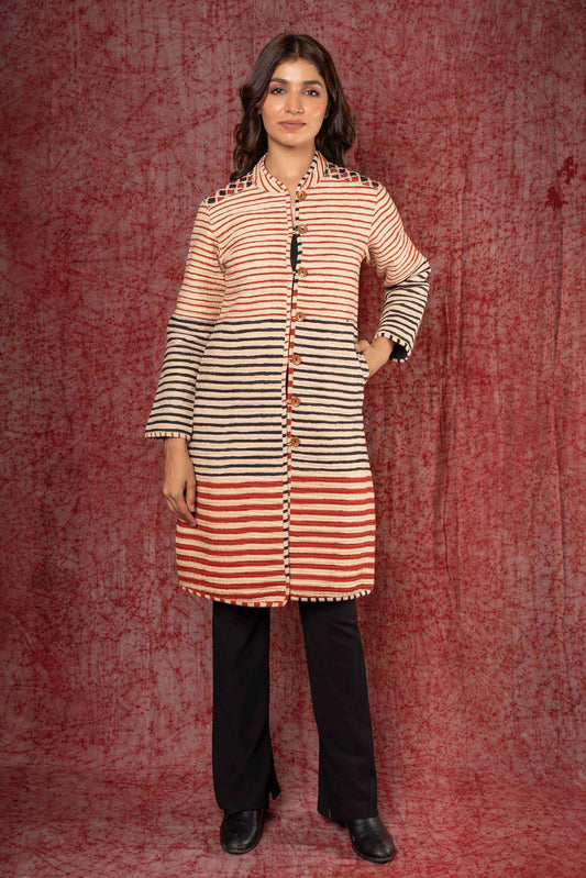 Bagru Red Block Printed Quilted Coat-NVQJ415