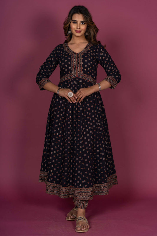 Black Ajrakh Block Printed Anarkali Kurta Set-KS346