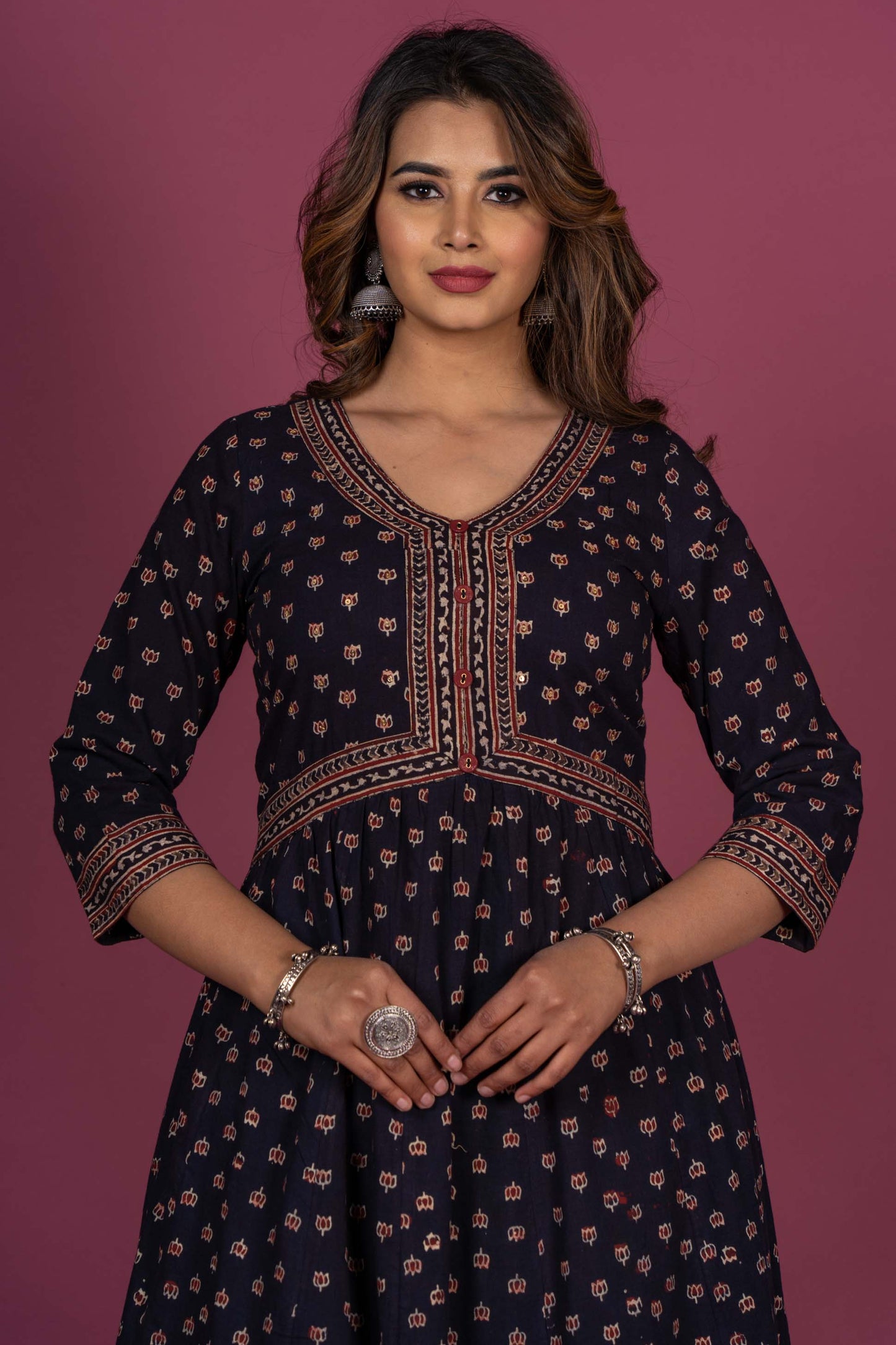 Black Ajrakh Block Printed Anarkali Kurta Set-KS346