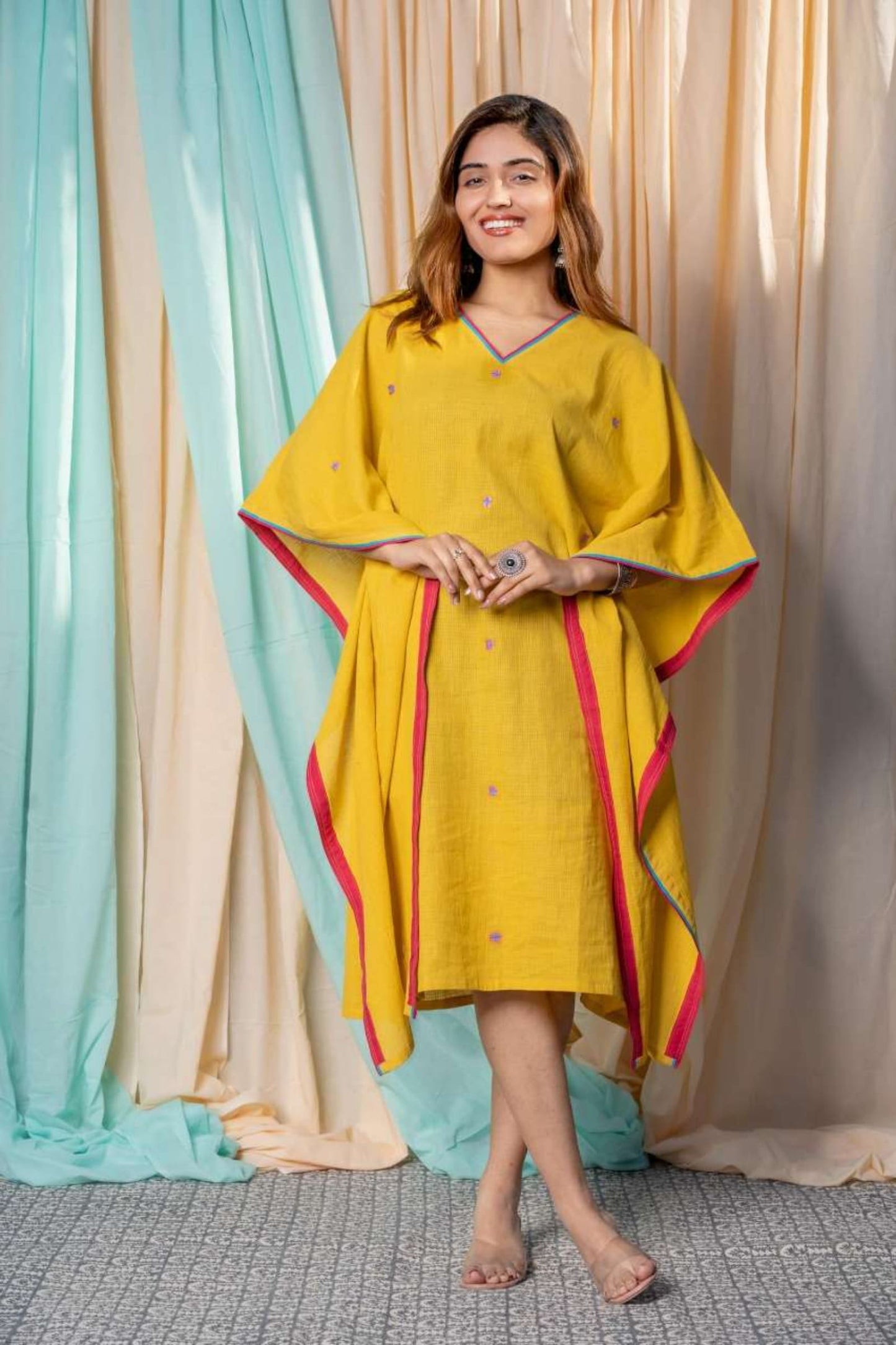 GOLDEN YELLOW EMBROIDERED KHARI COTTON KAFTAN-NVK450