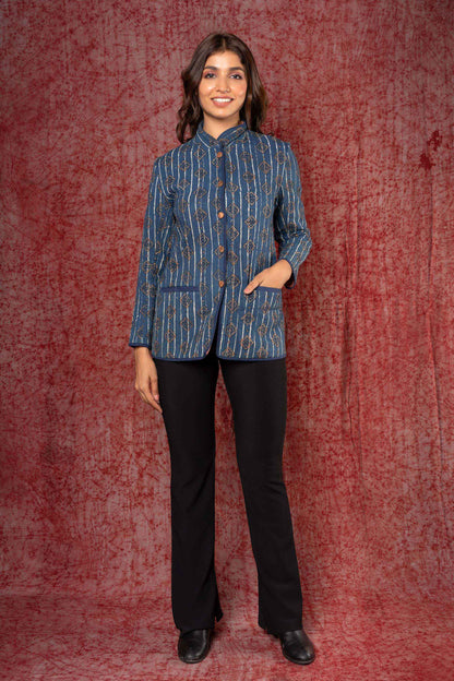 Indigo Ajrakh Cotton Quilted Jacket-NVQJ375 SALE